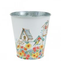 Vaso in metallo con motivo, fioriera con casette per uccelli, secchio di latta H13cm Ø11,5cm