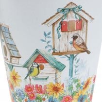 Vaso in latta con casette per uccelli, decorazione estiva, fioriera H14,5 cm Ø13,5 cm
