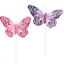 Prodotto Farfalle decorative su filo di piume viola rosa 7×10 cm 12 pz