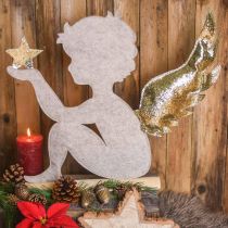 Supporto angelo natalizio su tronco di betulla feltro crema, oro H46cm