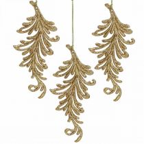 Prodotto Ciondoli albero con glitter, piume decorative da appendere, addobbi natalizi dorati L16cm 6 pz