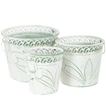 Prodotto Fioriera in metallo sbalzato con manici, bianca e verde, stile shabby chic, H22/19.5/17.5cm, Ø25.5/20.5/15.5cm, set da 3