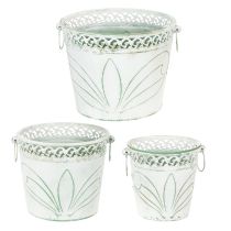 Prodotto Fioriera in metallo sbalzato con manici, bianca e verde, stile shabby chic, H22/19.5/17.5cm, Ø25.5/20.5/15.5cm, set da 3