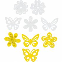Fiori e farfalle da spolverare giallo, decorazione spolverata di legno bianco decoro primaverile 72pz