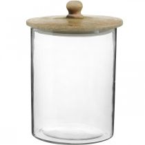 Barattolo di vetro, bomboniera con coperchio in legno, vetro decorativo colore naturale, trasparente Ø17cm H24,5cm