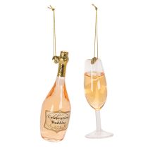 Prodotto Set di decorazioni per albero di Natale, calice e bottiglia di champagne, decorazioni natalizie, 14 cm, 2 pezzi