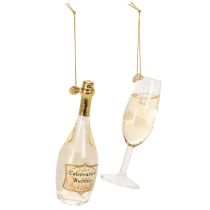 Prodotto Set di ciondoli a forma di bottiglia e calice di champagne, decorazione per albero di Natale, 14 cm, 2 pezzi