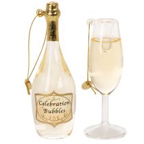 Prodotto Set di ciondoli a forma di bottiglia e calice di champagne, decorazione per albero di Natale, 14 cm, 2 pezzi