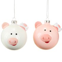 Prodotto Pallina per albero di Natale maialino rosa bianco palla di vetro Ø8cm 2 pezzi