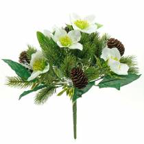 Bouquet di rose di Natale artificiale con abete e coni H26cm