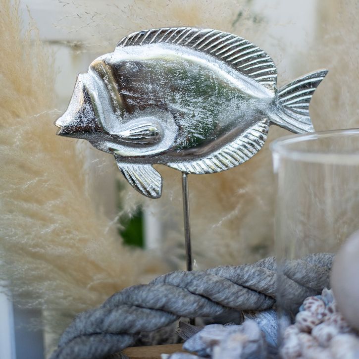 Pesce decorativo, decorazione marittima, pesce in metallo argentato, colore naturale H28,5 cm