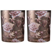 Prodotto Lanterna decorativa in vetro con peonie color argento e marrone H12,5cm 2 pezzi