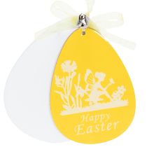 Prodotto Set di 6 uova decorative di legno giallo e bianco con nastrino per Pasqua