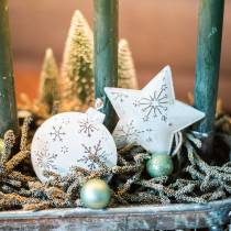 Appendino decorativo stella e palla albero di Natale con fiocchi di neve in metallo bianco Ø9,5 / 7,6 cm H10 / 9,2 cm 4 pezzi