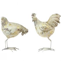 Polli Decorativi Gallo Gallina Oro Bianco Vintage L13cm 2pz