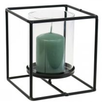 Portacandele decorativo lanterna in metallo nero vetro 12×12×13cm