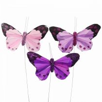 Farfalla decorativa su filo Farfalle di piume viola/rosa 9,5cm 12pz