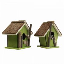 Casetta per uccelli decorativa in legno nido decorativo verde naturale H14,5cm set di 2