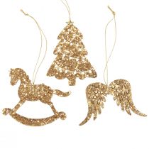 Appendiabiti decorativi in legno glitter oro decorazione per albero di Natale 10 cm 6 pezzi