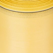 Prodotto Nastro decorativo moiré giallo con bordo dorato, larghezza 100 mm, lunghezza 25 m, ideale per composizioni floreali e decorazioni.