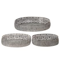 Prodotto Set di 3 ciotole decorative ovali in metallo, colore grigio, dimensioni 25,5/29/34,5 cm.