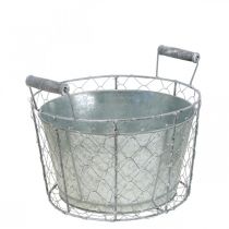 Prodotto Cesto per piantare, cesto in filo metallico con vaso per piante, cesto primaverile argento, bianco lavato, shabby chic Ø26cm H22cm