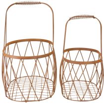 Prodotto Cestino ovale in filo metallico con manico, decorazione da giardino, finitura ruggine, 30/25 cm, set da 2