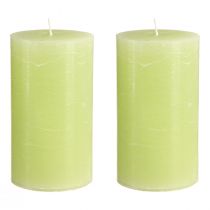 Prodotto Candele a colonna in tinta unita, verde lime, 85×150 mm, set da 2, candele di alta qualità per l'atmosfera e la decorazione della casa