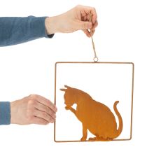 Prodotto Ornamento decorativo a forma di gatto in metallo arrugginito, decorazione effetto ruggine da appendere, 24,5 cm