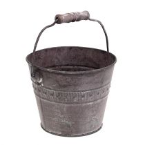 Secchio In Zinco Decorativo Con Manico In Legno | 10 Litri Argento Per Fiori Piante Vasi