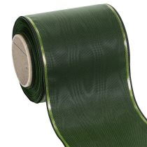 Prodotto Elegante nastro moiré verde per ghirlande con bordo dorato, 100 mm x 25 m, per composizioni floreali e decorazioni funebri.