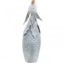 Prodotto Figura di angelo deco con boa di piume decorazione in metallo grigio Natale 38 cm