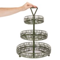 Prodotto Alzata da portata a più livelli in metallo, verde, tre ripiani, decorazione a forma di abete, rotonda, 49 cm