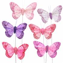 Farfalla di piume su filo rosa, viola 7cm 24pz