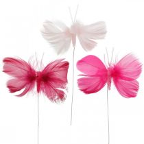 Farfalle di piume rosa/rosa/rosso, farfalle decorative su filo 6pz