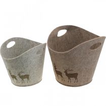 Cesto di feltro per decorazioni natalizie, fioriera rotonda con cervo 38cm / 30cm, set di 2