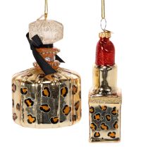 Prodotto Decorazione per albero di Natale: flacone di profumo e rossetto con stampa leopardata, 11 cm, 2 pezzi