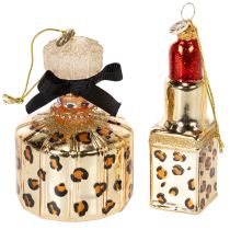 Prodotto Decorazione per albero di Natale: flacone di profumo e rossetto con stampa leopardata, 11 cm, 2 pezzi