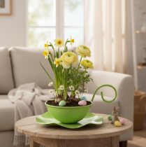 Prodotto Tazza decorativa in metallo con piattino, verde chiaro, H8cm Ø11.5cm, 2 pezzi