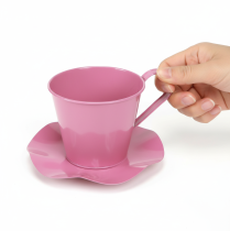 Prodotto Tazza da tè decorativa in metallo con piattino rosa Ø12 H10cm 8 pezzi