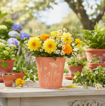 Prodotto Vaso da fiori con decorazione floreale, giallo albicocca, Ø10,5cm H10,5cm