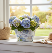 Prodotto Vaso da fiori con manici, decorazione a ortensia, in metallo, 26×13×14,5 cm