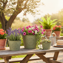 Prodotto Vaso da fiori in metallo, verde, stile vintage, Ø22cm–13.5cm, set da 3