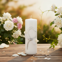 Prodotto Candela nuziale festiva con un elegante design a forma di cuore, decorazioni argentate e nastro in organza, ideale per matrimoni e anniversari di nozze d'argento, 240/80 mm