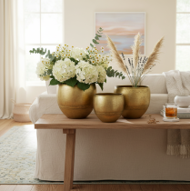 Prodotto Set di 3 vasi decorativi in metallo effetto ottone, Ø18/15/12,5 cm.