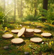 Prodotto Mini decorazioni in legno a forma di fetta di albero con corteccia, 8-9 cm, 9 pezzi