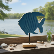 Prodotto Statuina di pesce in legno, decorazione marittima, decorazione da tavolo fatta a mano per soggiorno, 22 cm