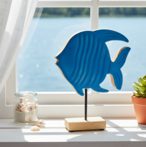 Prodotto Statuina di pesce in legno, decorazione marittima, decorazione da tavolo fatta a mano per soggiorno, 22 cm