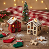 Prodotto Portacandele in ceramica, casetta decorativa con neve per decorazione da tavola, 7 cm, 2 pezzi
