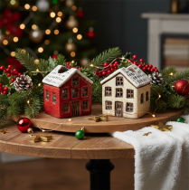 Prodotto Portacandele in ceramica, casetta decorativa con neve per decorazione da tavola, 7 cm, 2 pezzi